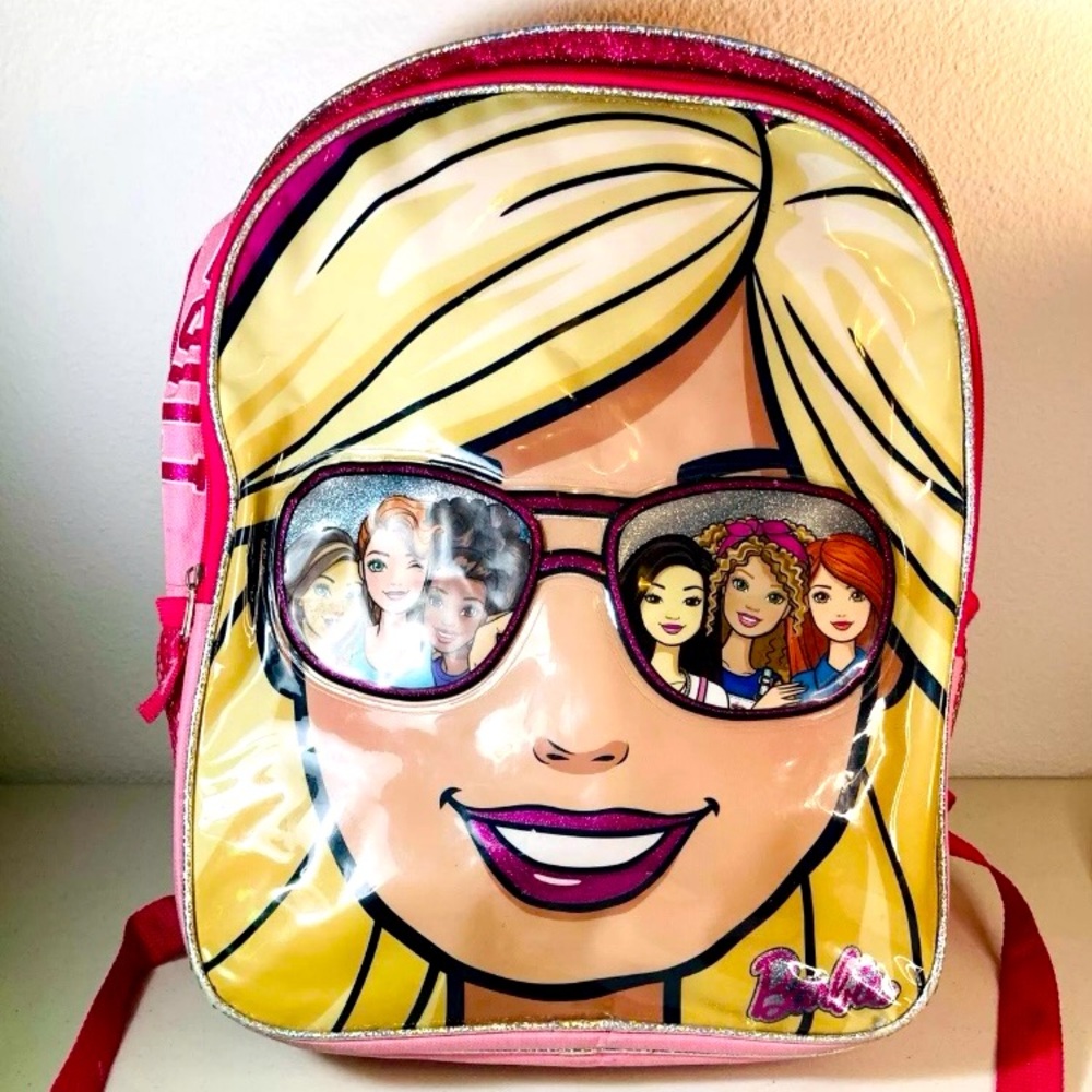 Mattel - 2016 Barbie Backpack - 13”x11”x5” - Pink with Glitter Barbie Designs
